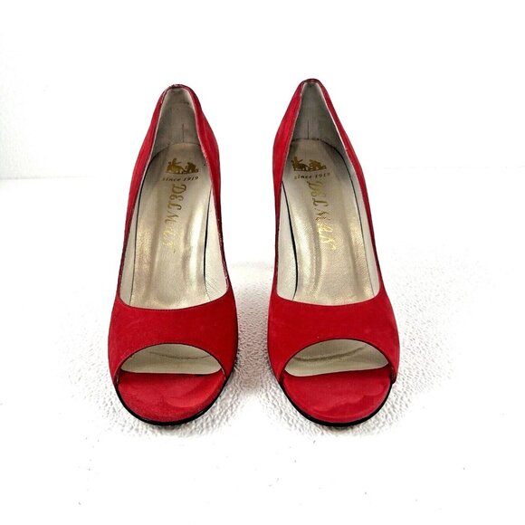 Women's 9N Red Peep Toe Mob Wife Career Chic Preppy Delman Suede Pumps Heels - Picture 3 of 13